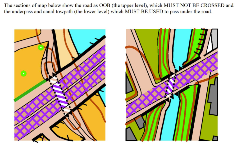 IMPORTANT. PLEASE READ. The main roads in Bridgwater are marked as OOB. Crossing them is not permitted except via the marked underpasses. This information will be conveyed at the start line to all participants.