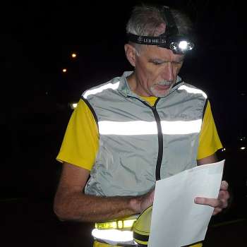 After dark, be safe and be seen... Head torch, hi viz & fluorescent piping