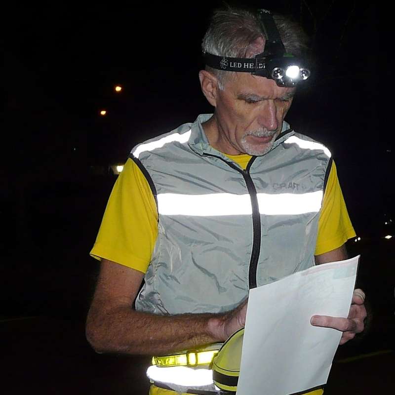 After dark, be safe & be seen with head torch, high viz & fluourescent piping