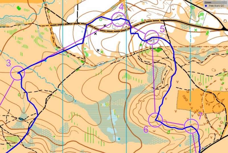 The middle part of Pete Akers' route on the Green course