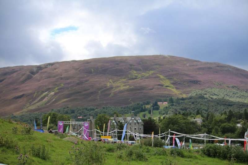 Day 4 assembly with Mt. Morrone in background and Invercauld Arms Hotel in centre
